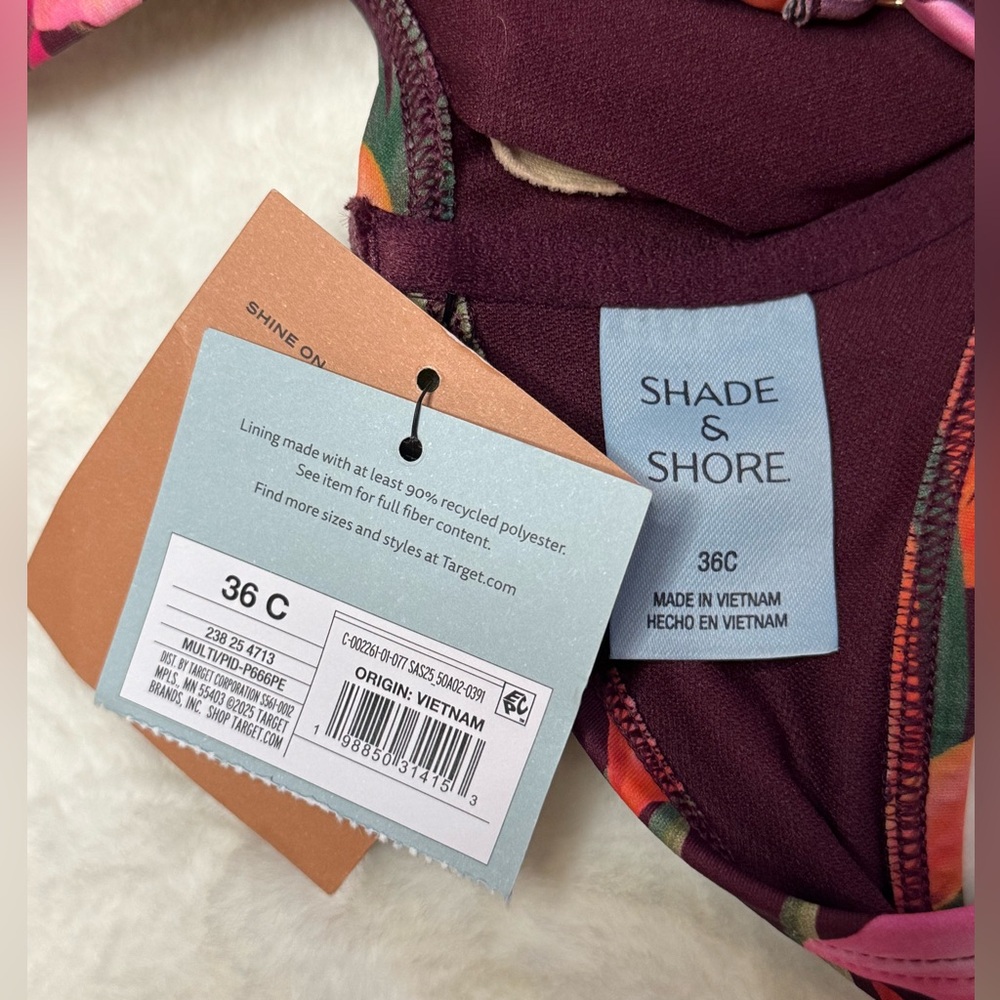 Shade & Shore Burgundy Tropical Floral 2-piece Bikini, Bottoms L, Top 36C - Picture 6 of 8